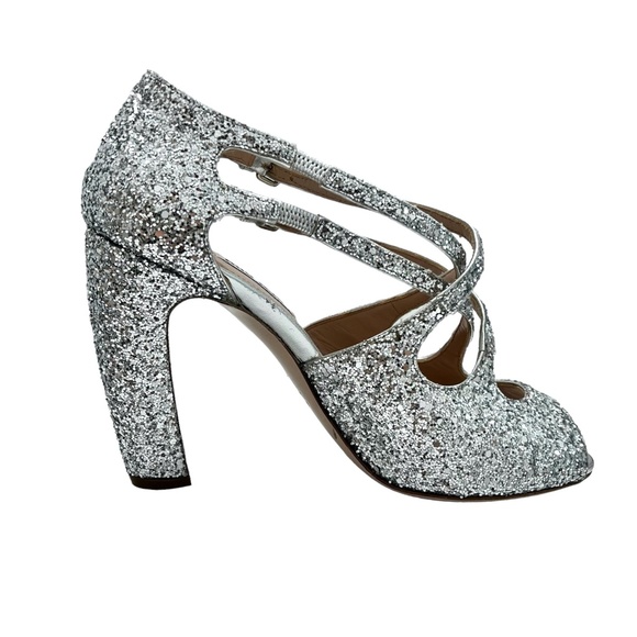 MIU MIU SILVER GLITTER OPEN TOE 2 STRAP CRISS CROSS 4" HEEL SANDALSl - Picture 7 of 16